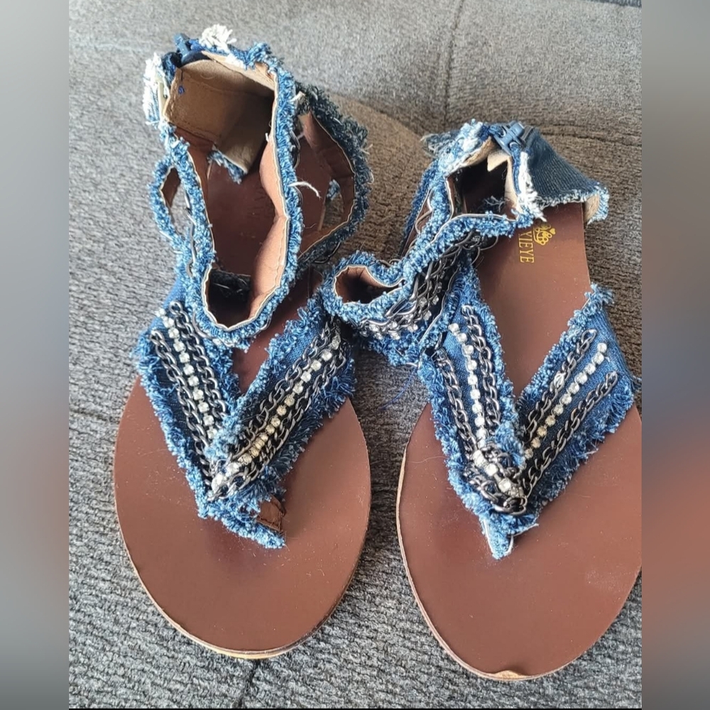 Blue Denim Sandals with Chain Detail